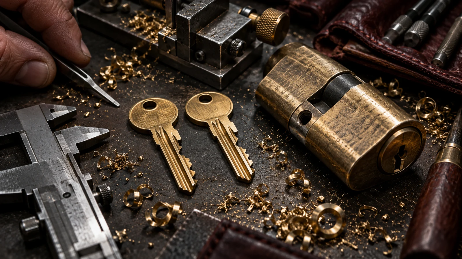 A precision bench holds two differently cut route keys beside one destination lock