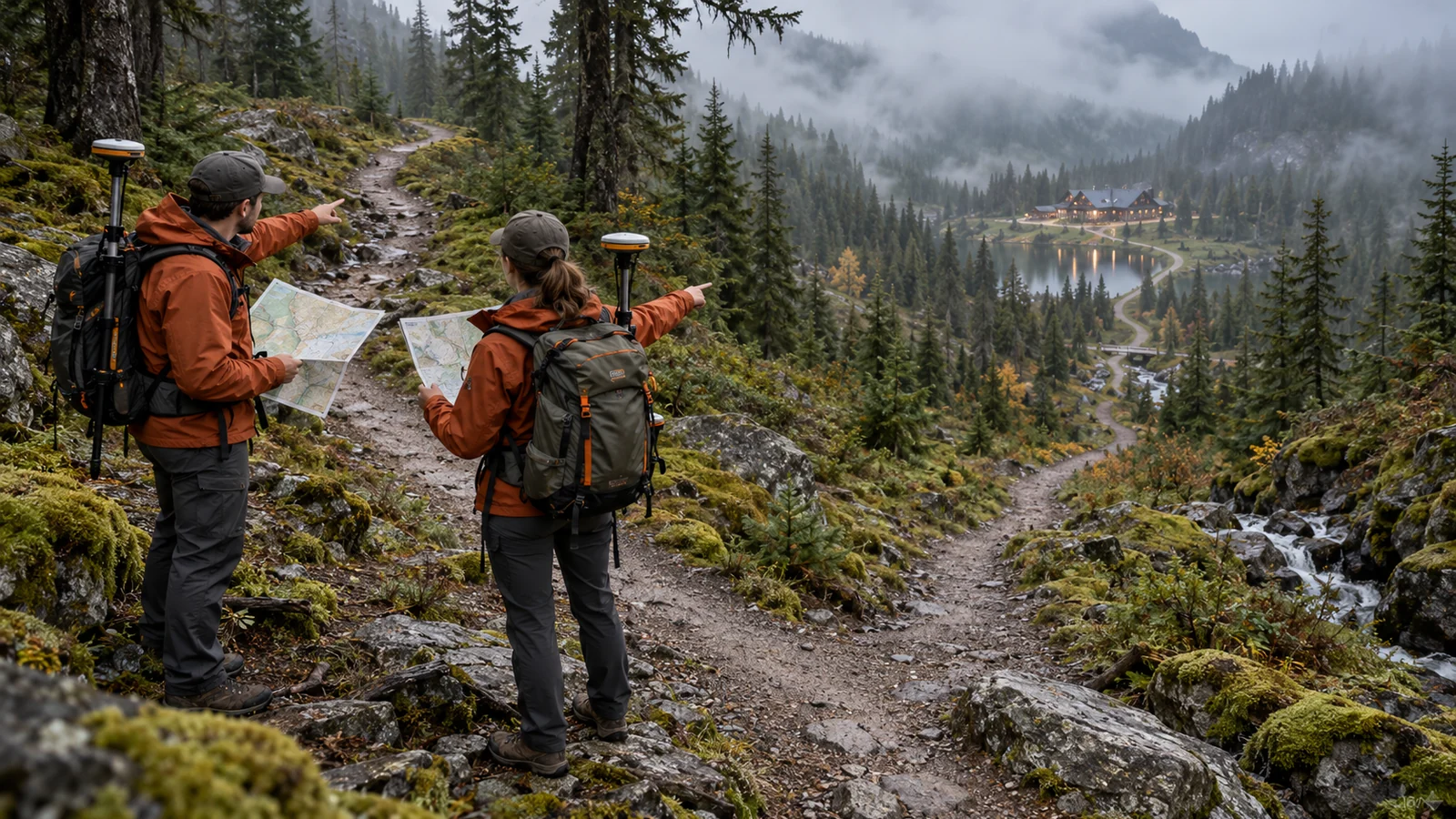 Two trail surveyors compare routes at a forest fork overlooking a distant service lodge