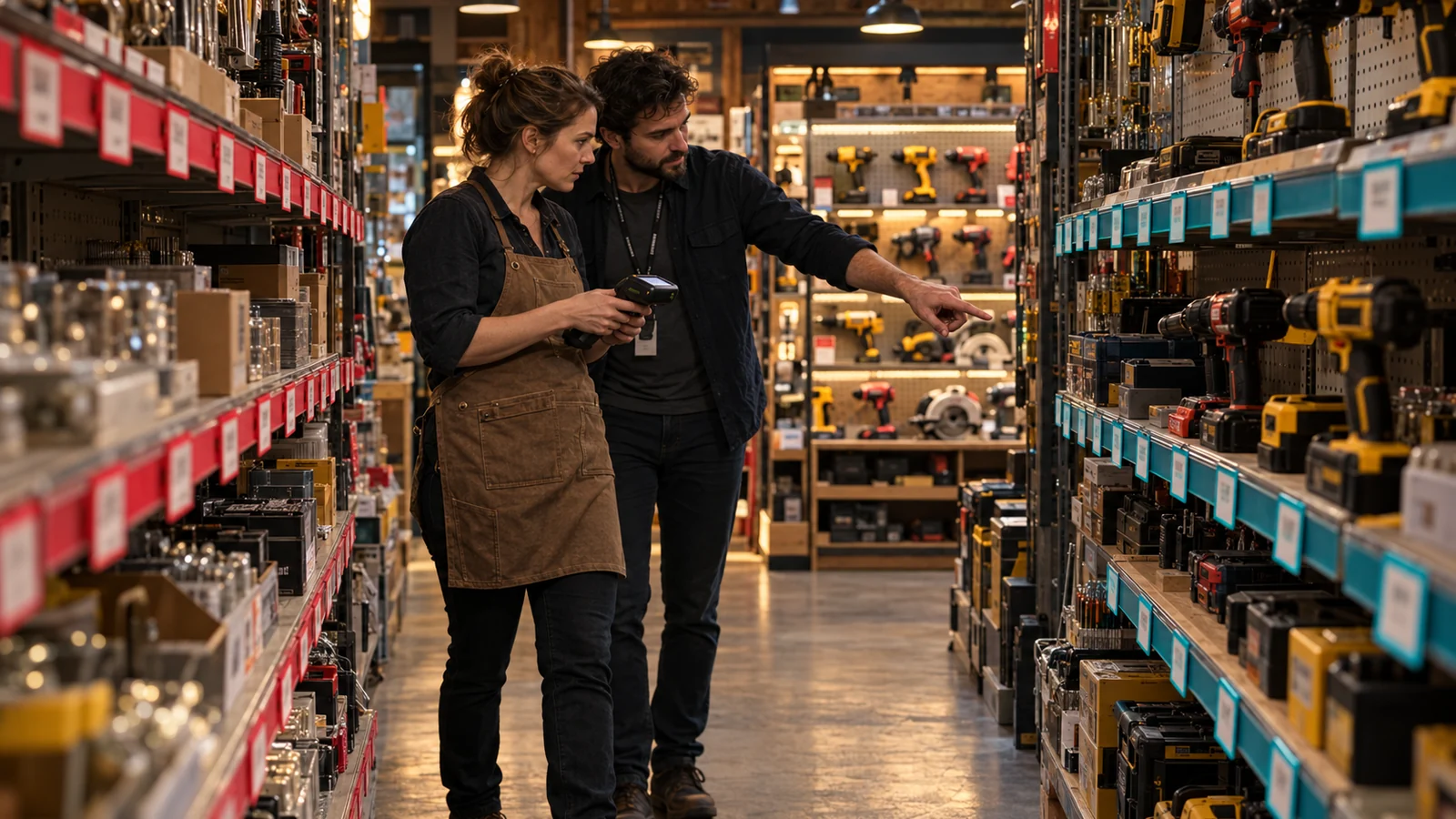 A hardware store owner and web specialist compare red and cyan shelf-tag systems during an aisle audit