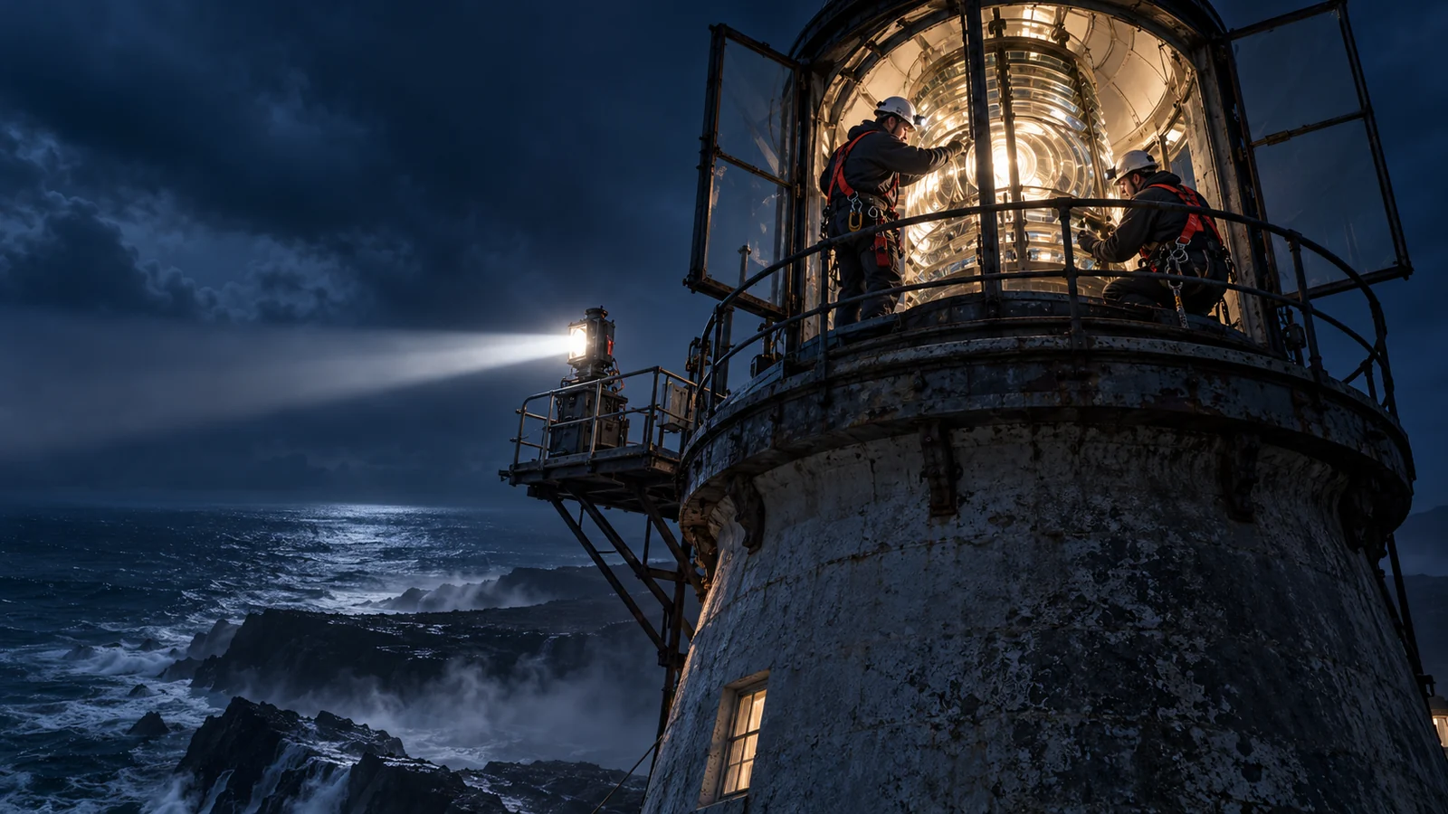 Lighthouse technicians repair the main lens while a temporary beacon keeps shining across the water at night