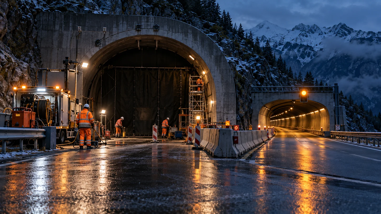 A maintenance crew services one mountain tunnel while an amber-lit bypass lane remains open