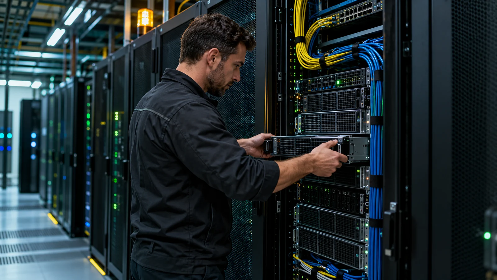 A data center technician replaces a server module beneath an active upstream service light