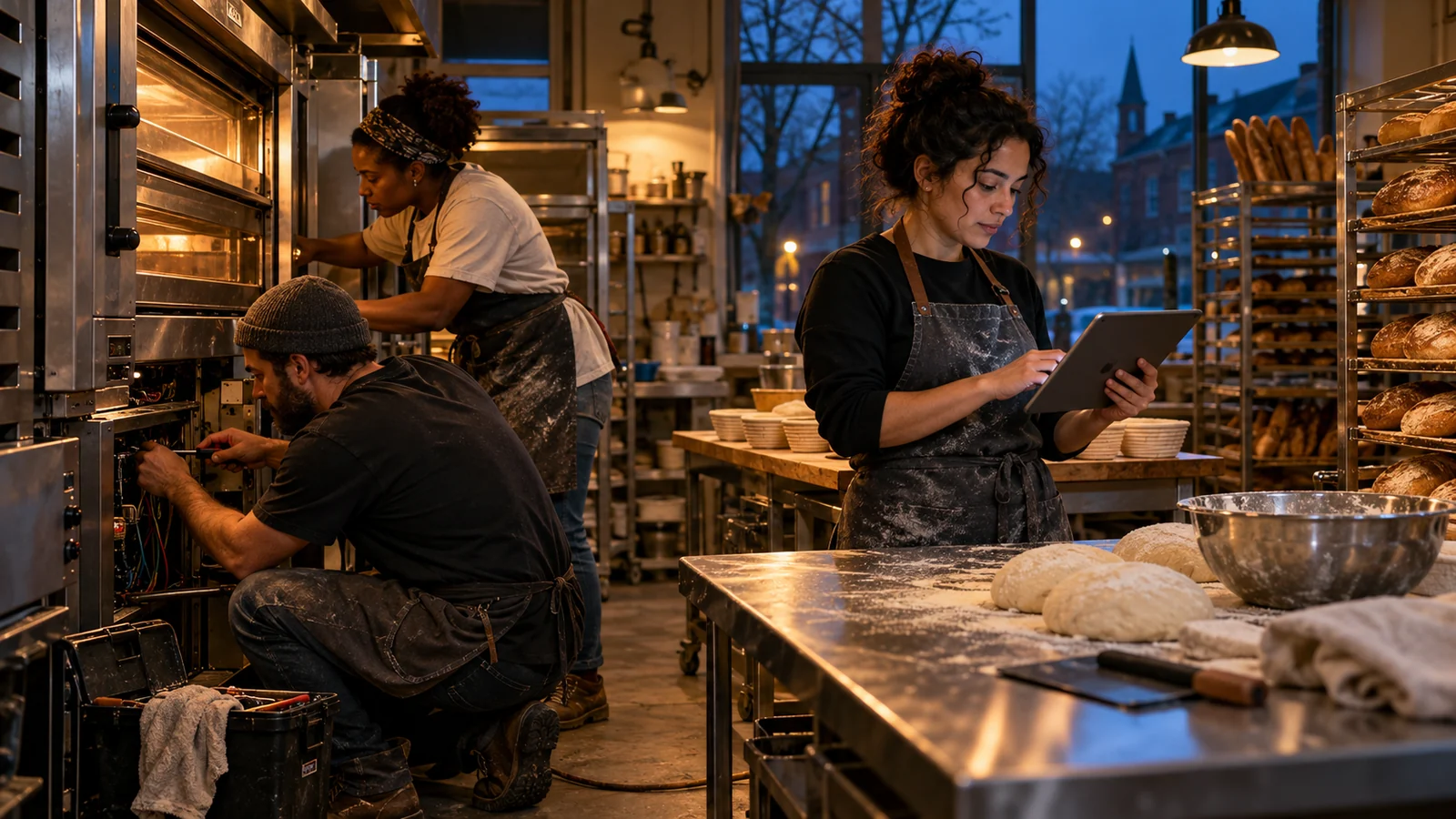 A bakery team repairs an oven and verifies its website before the dawn opening