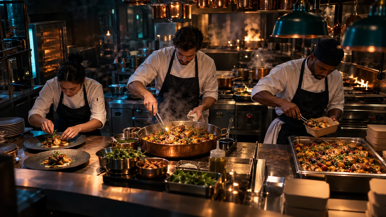 A busy commercial kitchen distributes one core dish into three distinct service formats under cinematic lighting