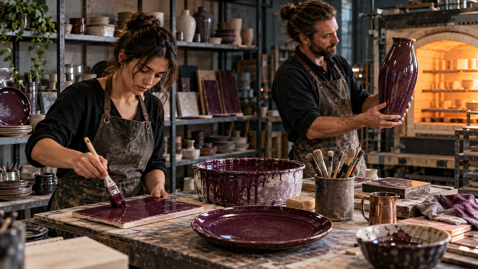 An artisan ceramics studio uses one central glaze batch across a restaurant plate, wall tile, and tall vessel