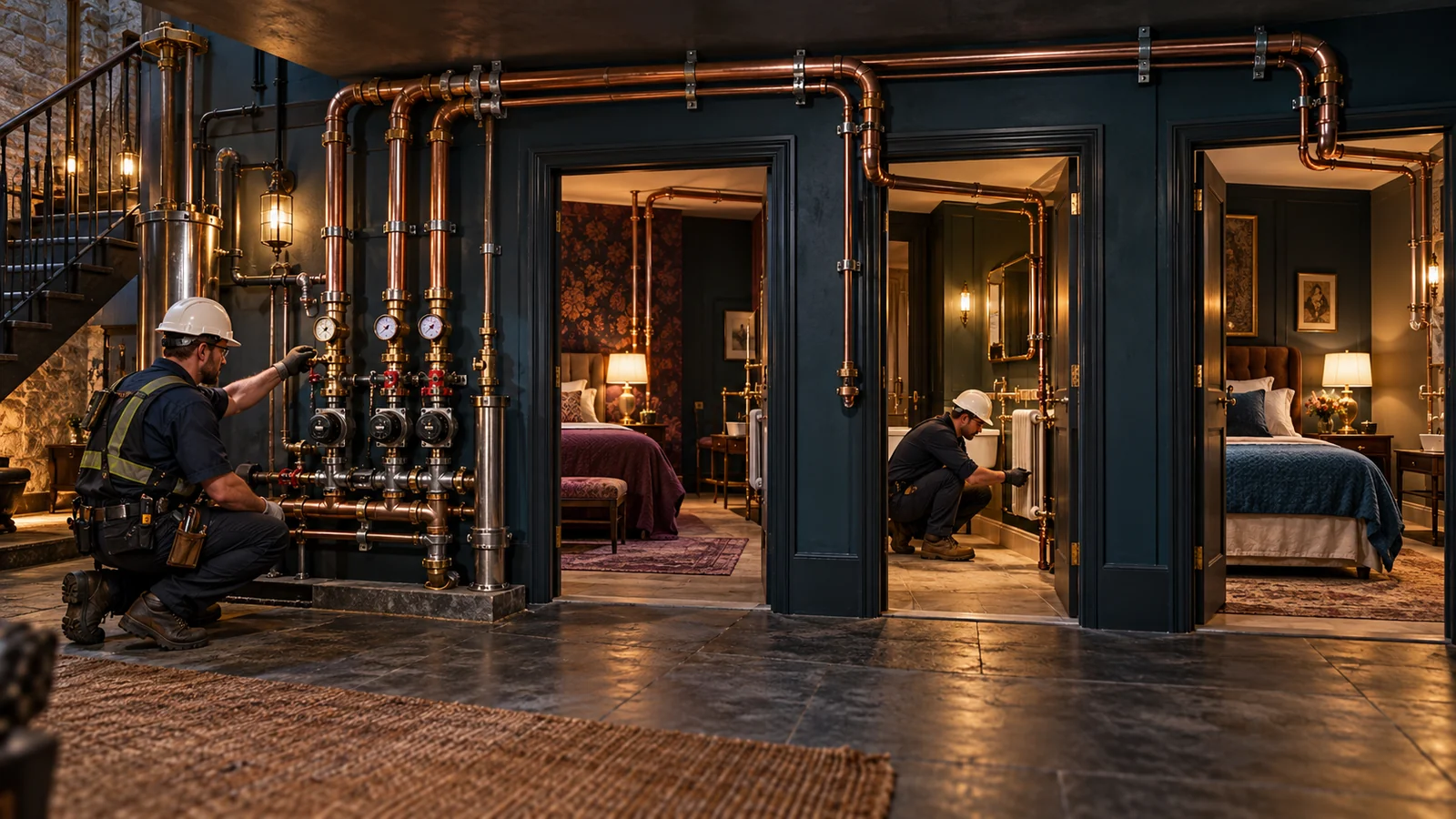 Two building engineers trace a central services manifold to several finished rooms while checking each outlet for flow and consistency