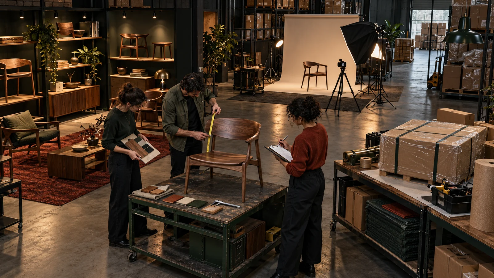 A warehouse content team checks one master product against a storefront shelf, photography station, and dispatch package