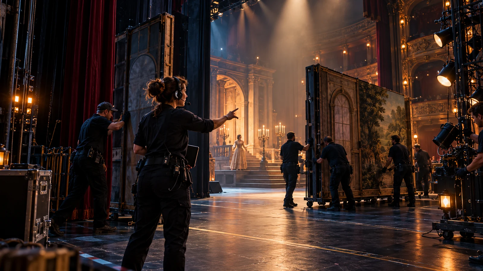 A stage manager coordinates moving scenery and practical cue lights from the wings of a dark theater