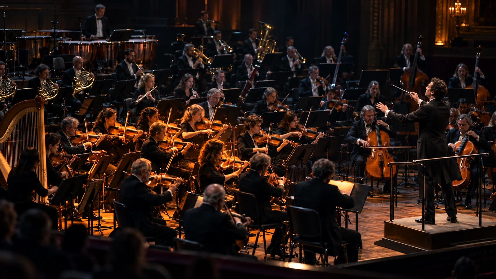 An active symphony orchestra rehearses under one conductor as different sections receive focused stage lighting in a dark concert hall