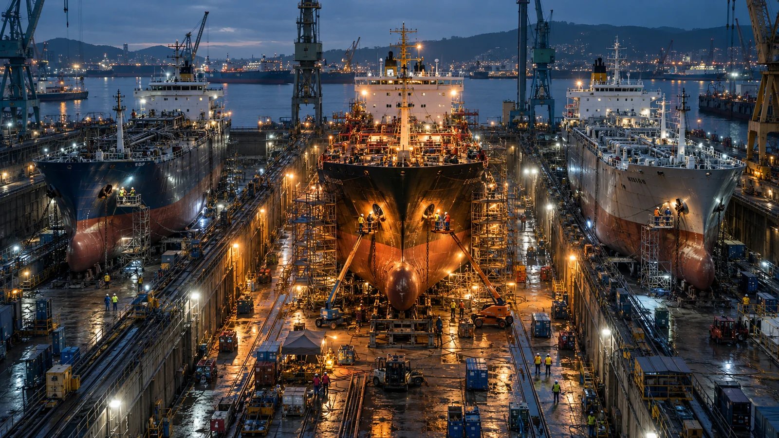 A dry dock crew inspects one shared hull component across several vessels while the highest-value repair bay is brightly lit