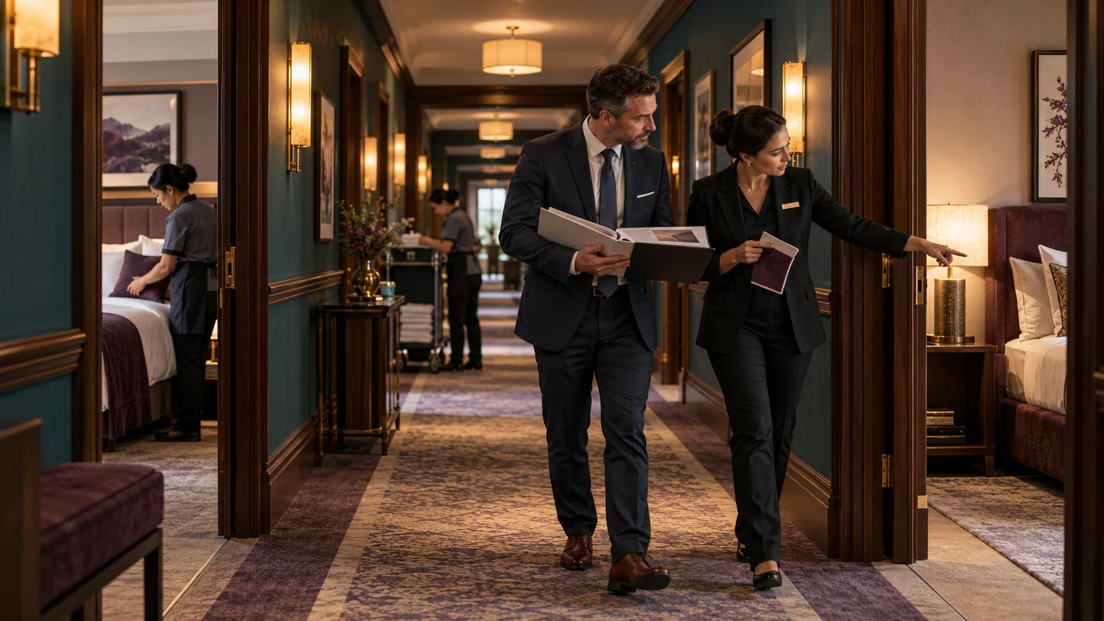Two hotel operations managers compare one master room standard against several distinct guest rooms during a standing floor inspection