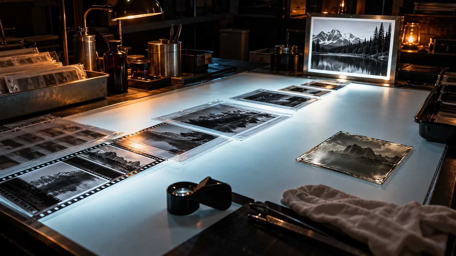 Dark photo lab with supported image negatives reaching a lit display while one translucent plate remains isolated