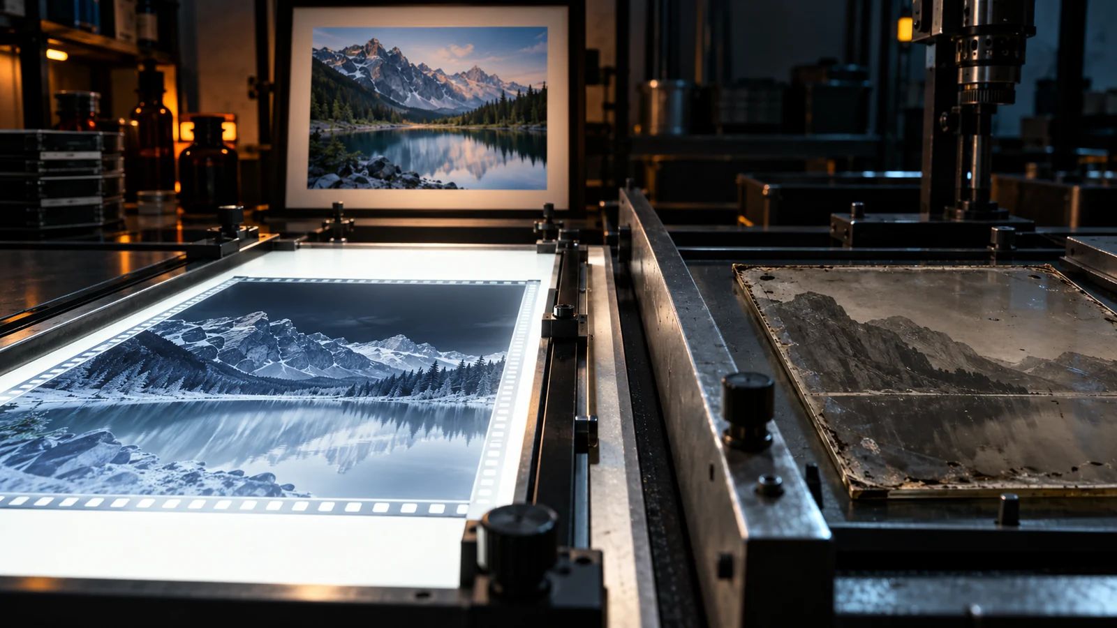 Darkroom light table comparing a visible supported photo negative with an isolated translucent plate