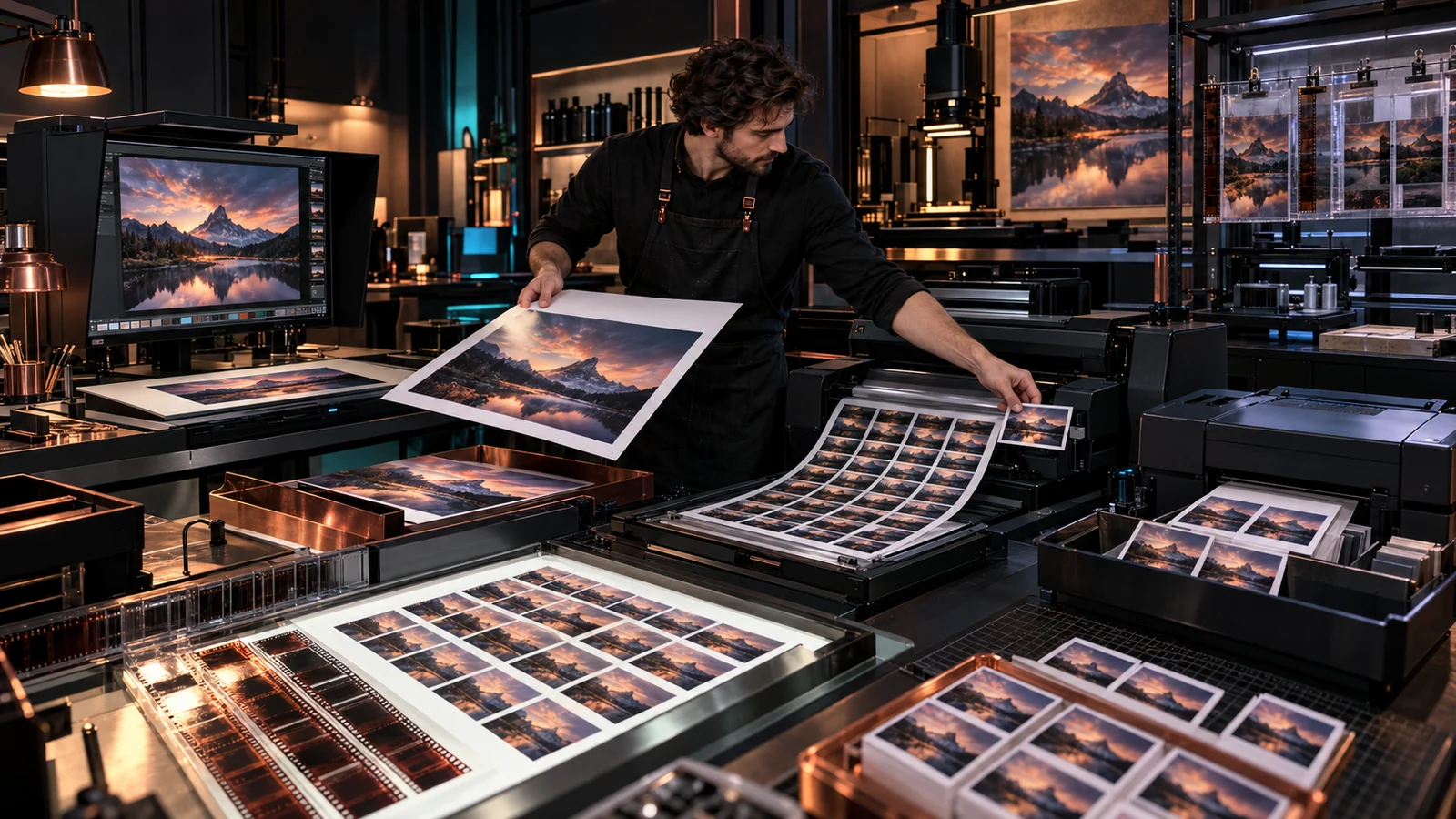 Photo lab technician routing one master image through multiple physical format trays toward output stations