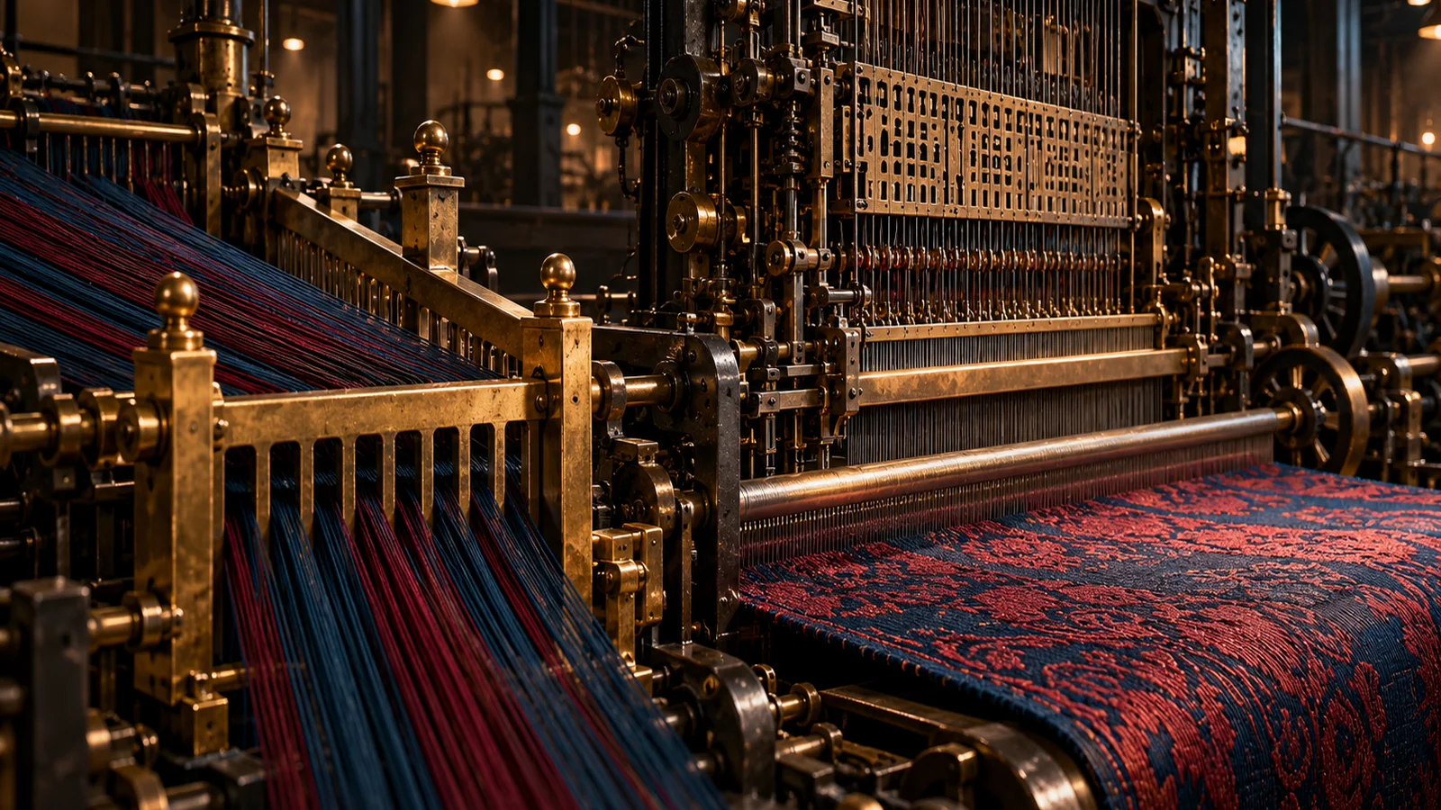 Precision textile loom with separate mechanisms controlling thread intake and the pattern visible in finished fabric