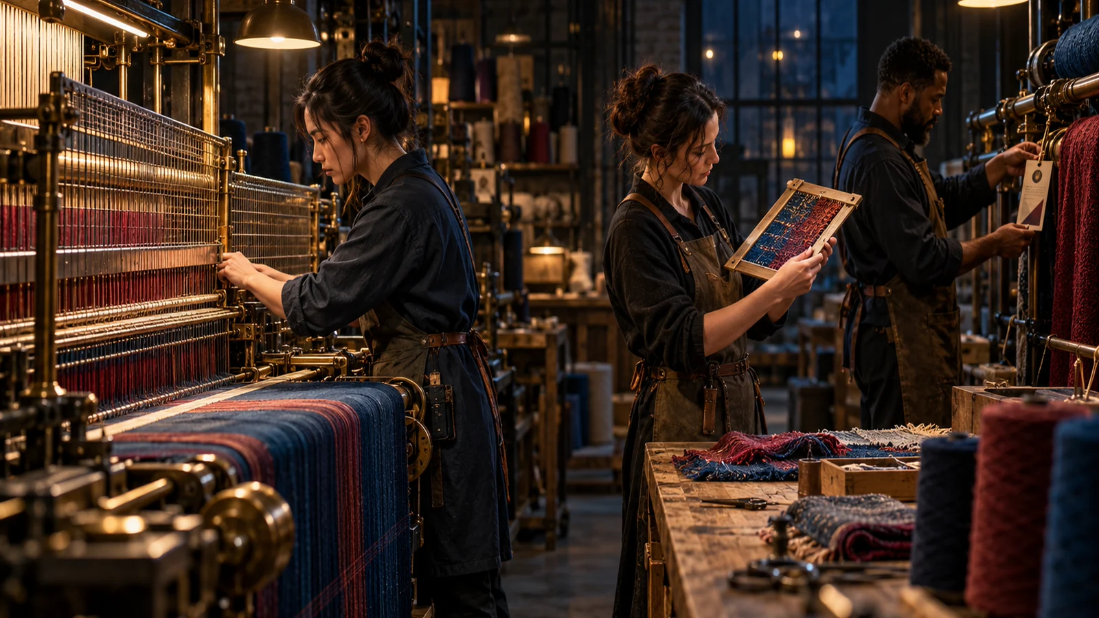 Textile production team checks thread access, a framed fabric preview, and a separate material policy tag