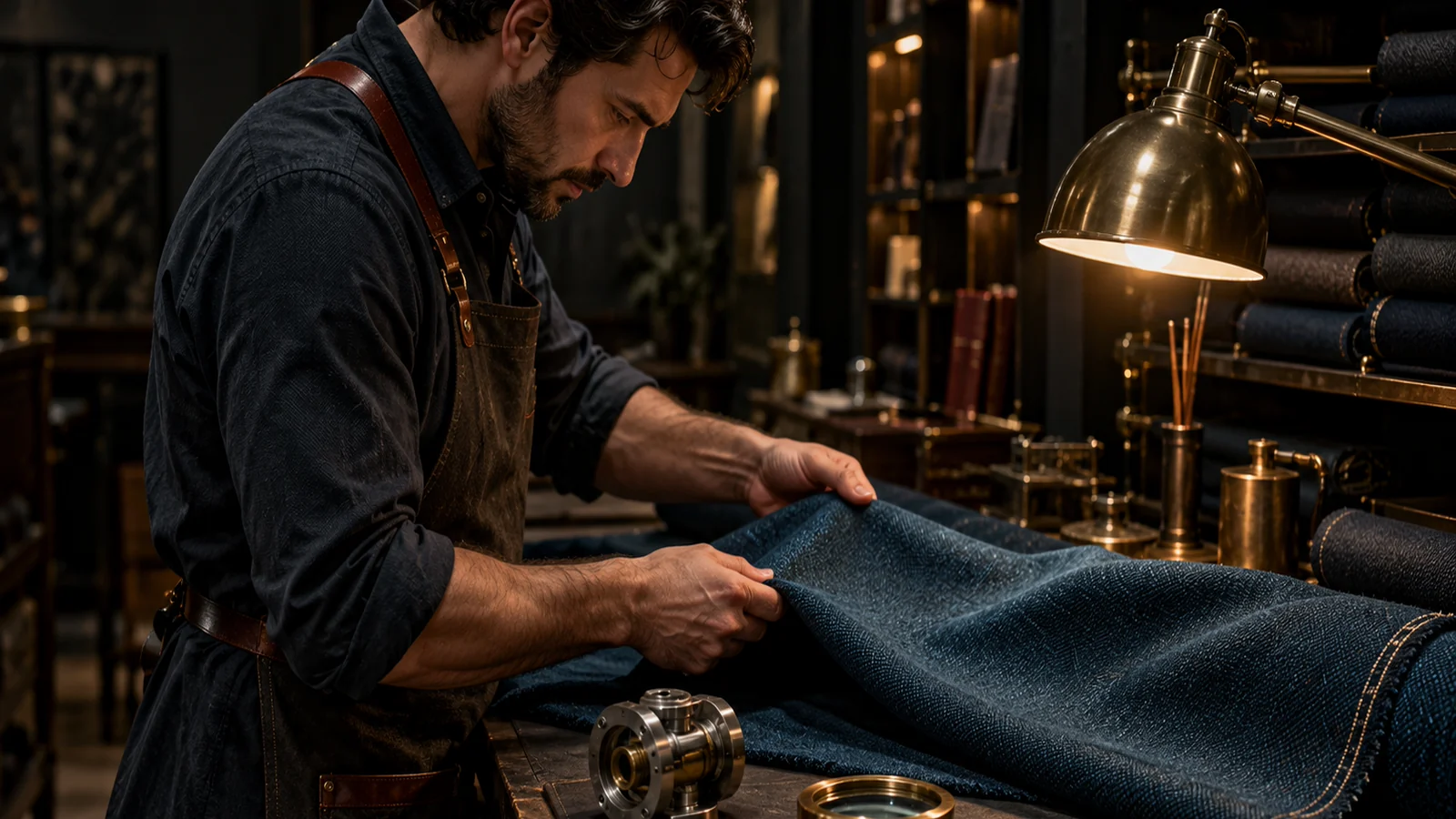 Quality-control technician compares woven fabric with an intake component, brass aperture, and policy tag