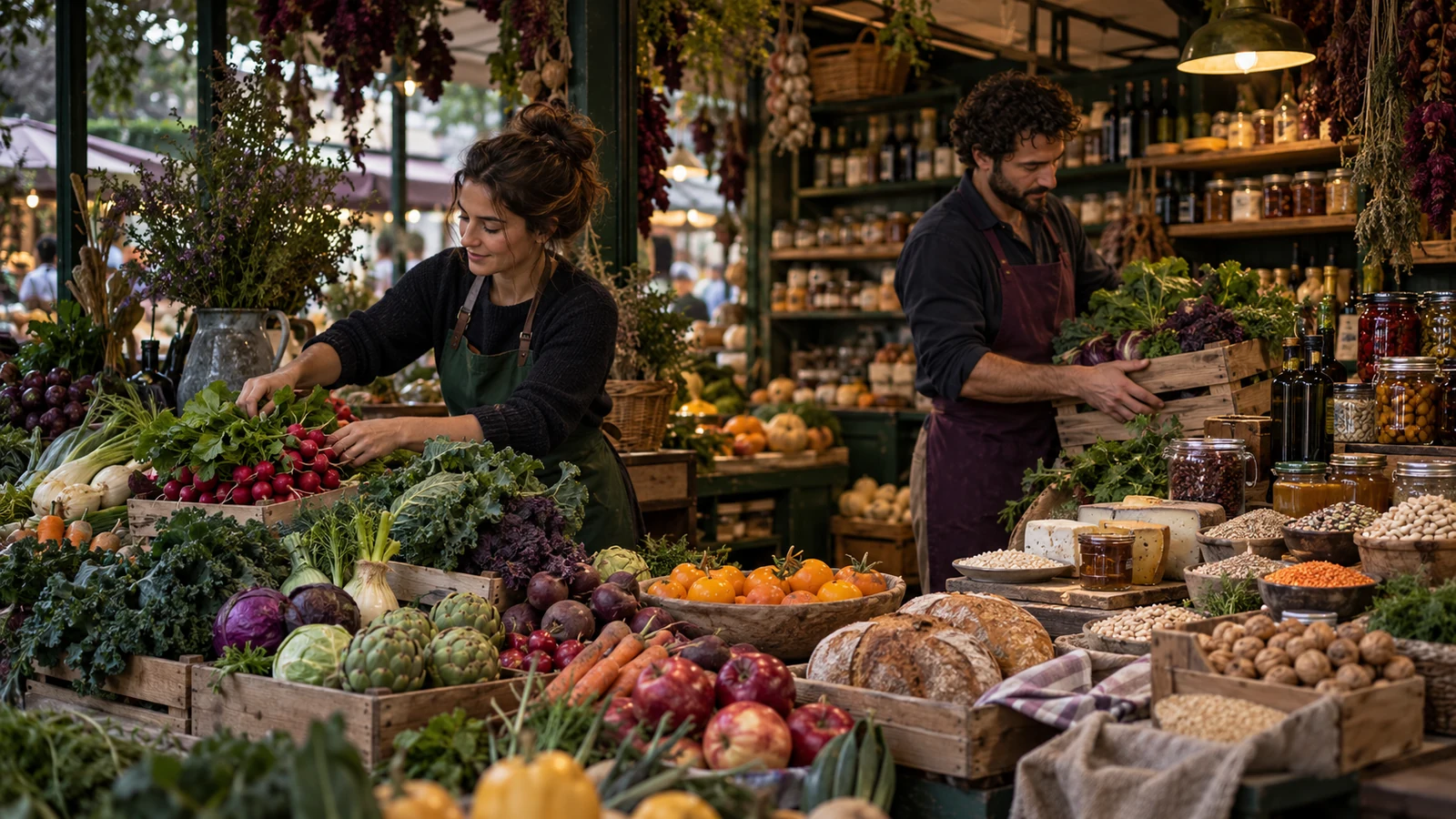 Market team arranges seasonal produce beside durable pantry staples in a dark, premium independent food hall