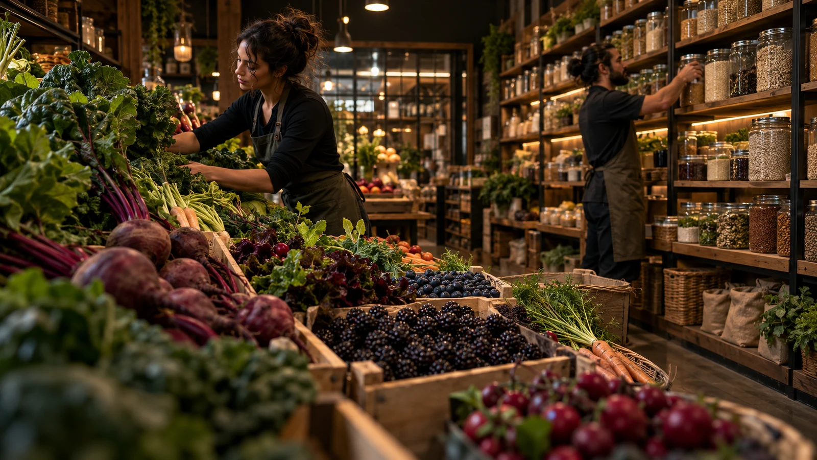 Market workers arrange fresh greens and berries beside orderly jars, grains, and other durable pantry goods