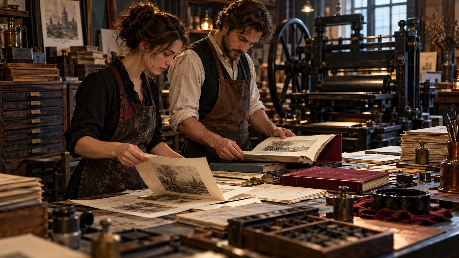 Standing print editors compare a fresh edition with durable reference volumes while checking source material