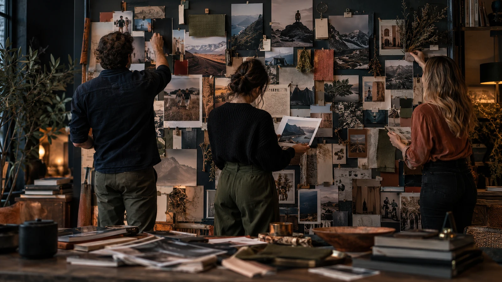 Standing planning team sorts dated campaign images and durable customer guides on a physical evidence wall