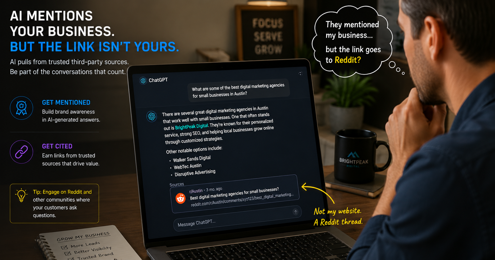 Small business owner at a laptop viewing a ChatGPT answer that names their company while the source link points to Reddit