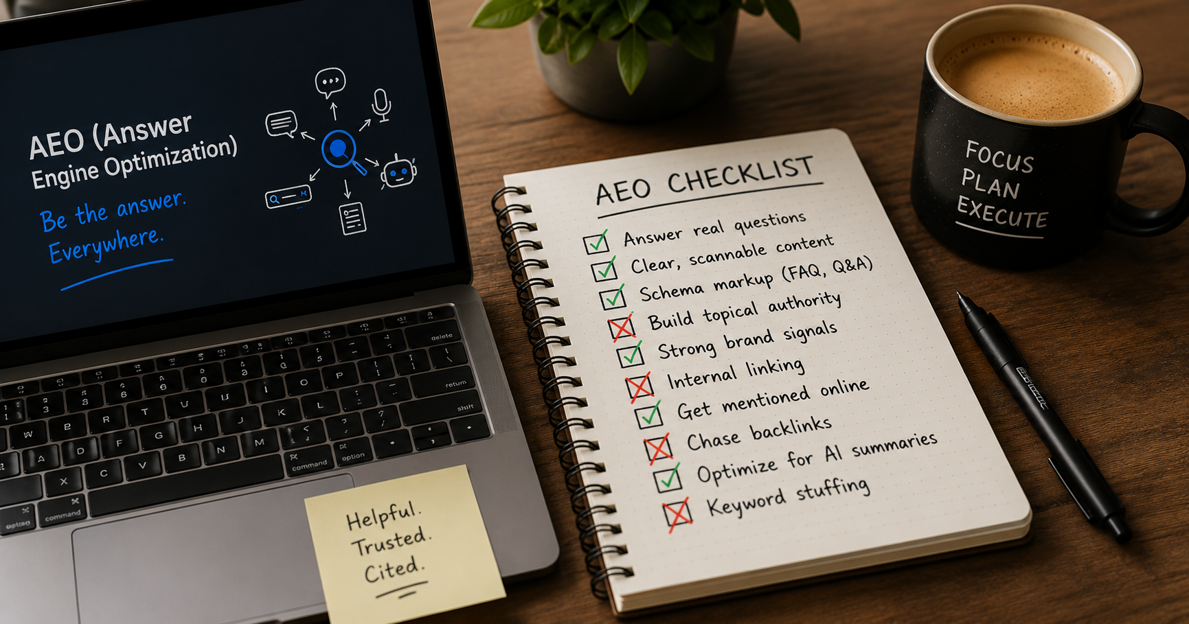 IMAGE ALT TEXT: Coffee, notepad, and laptop on a desk with a hand-drawn AEO checklist — half the items have green checkmarks, half crossed out in red. KEYWORDS: AEO tips, AI search tips small business, Foursquare ChatGPT, Bing Places AEO, NAP consistency AI, FAQ schema AEO, llms.txt does it work, AEO tactics that don't work