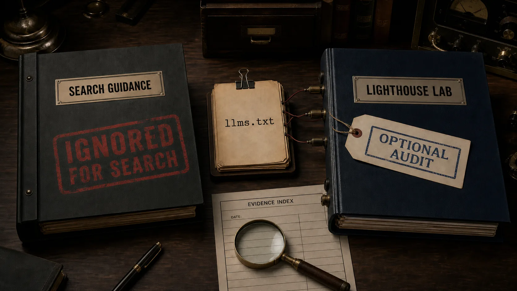 Two research binders show Search guidance ignoring LLMs.txt while Lighthouse treats it as an optional audit