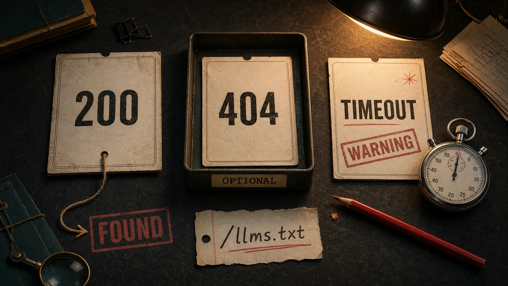 Server response slips compare a found LLMs.txt file, an optional 404, and a timeout warning