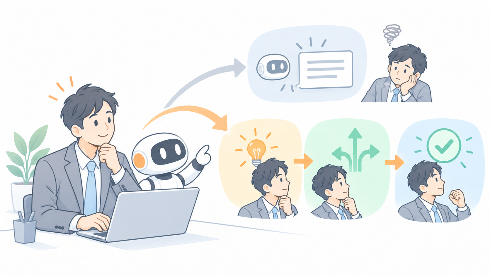 画像：思考停止する人、思考加速する人。AI時代の分かれ道。