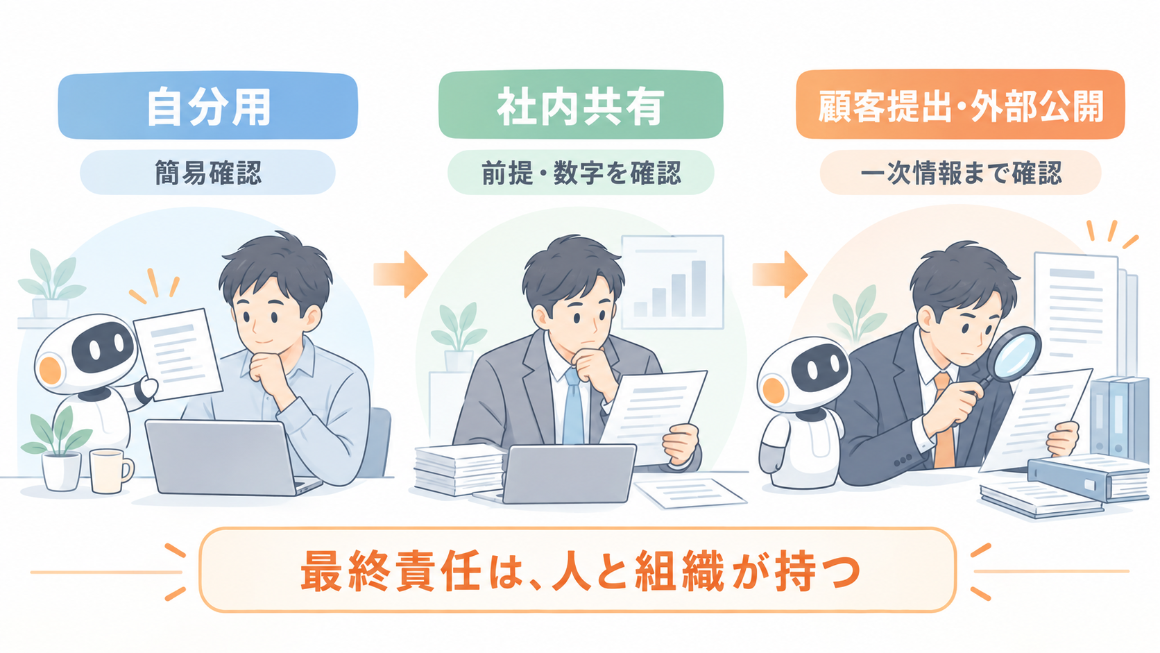AI出力の用途に応じて、自分用、社内共有、顧客提出・外部公開の順に確認を深くする図