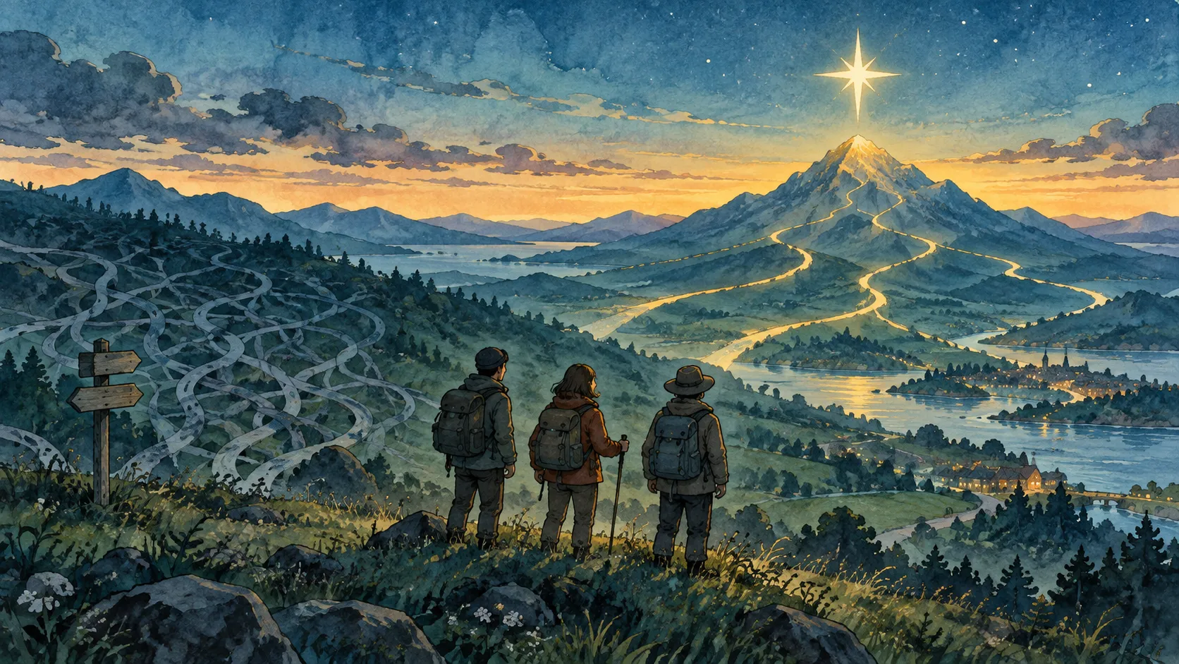 同じ北極星を見ながら山へ向かう三人と、複数の道