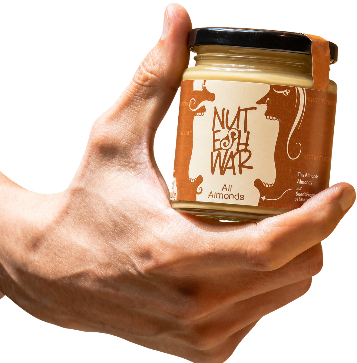 Hand holding a All Almonds jar
