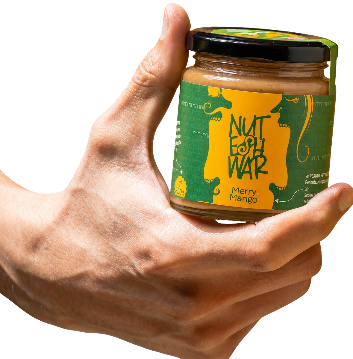 Hand holding a Merry Mango jar