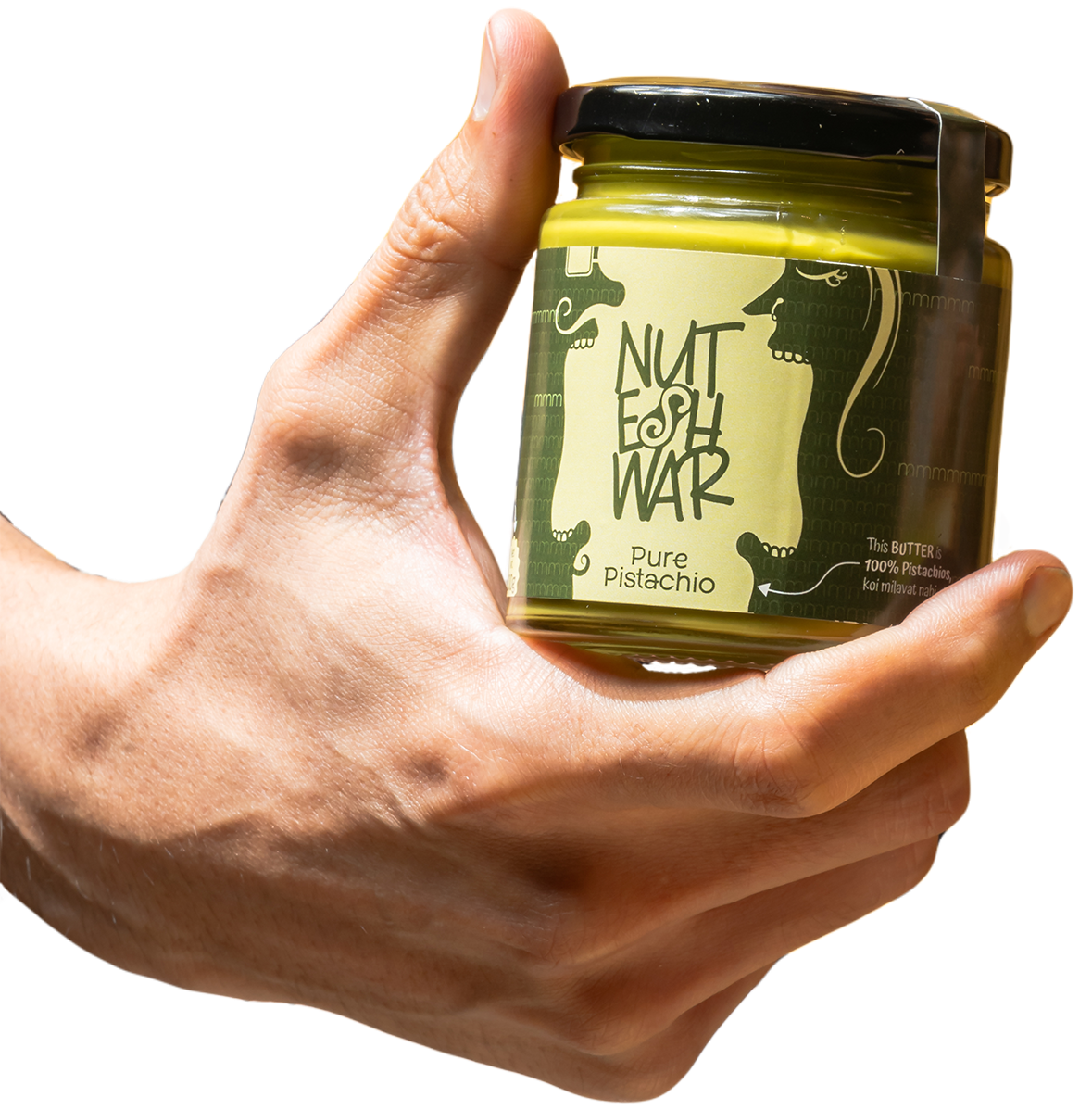 Hand holding a Pure Pistachio jar