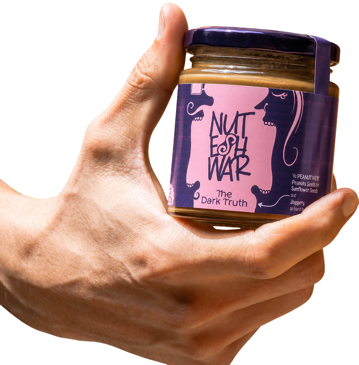 Hand holding a The Dark Truth jar