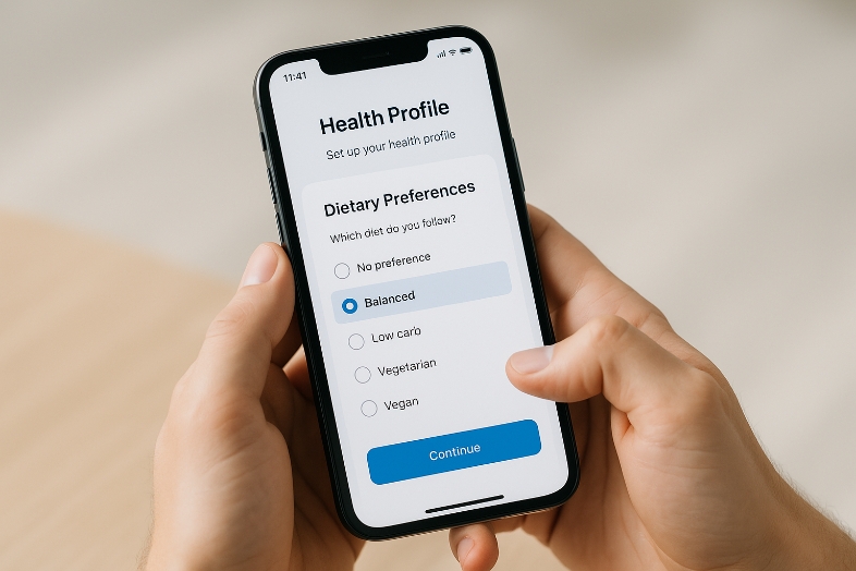 Person setting up their health profile on a smartphone with clean, modern interface.