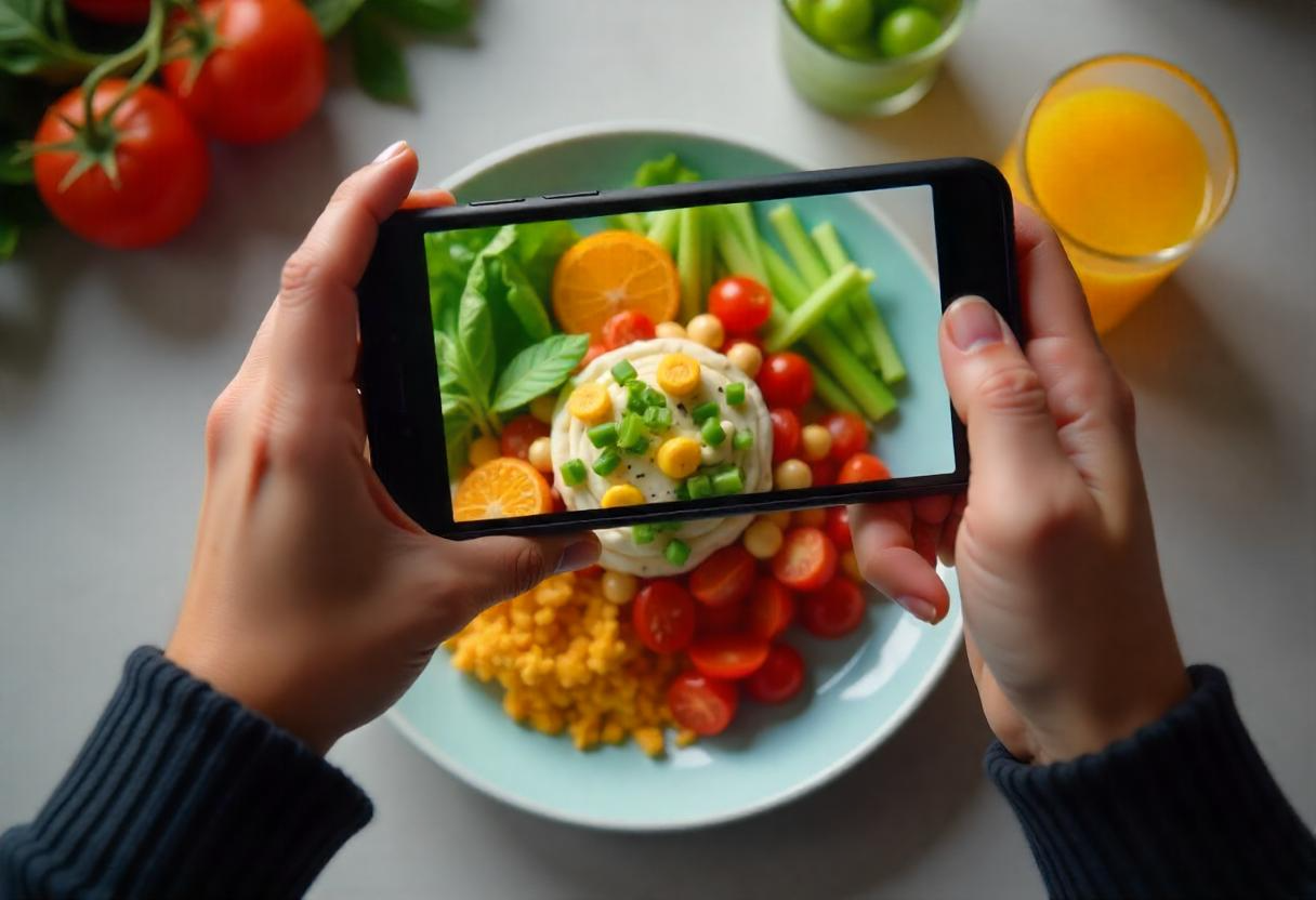 Smartphone taking a photo of a beautifully plated healthy meal.