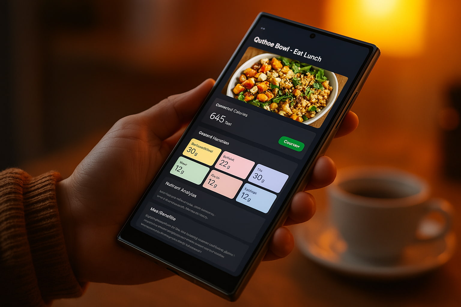 A digital dashboard displaying intricate nutrition analytics with vibrant charts and data points, symbolizing deep insights.