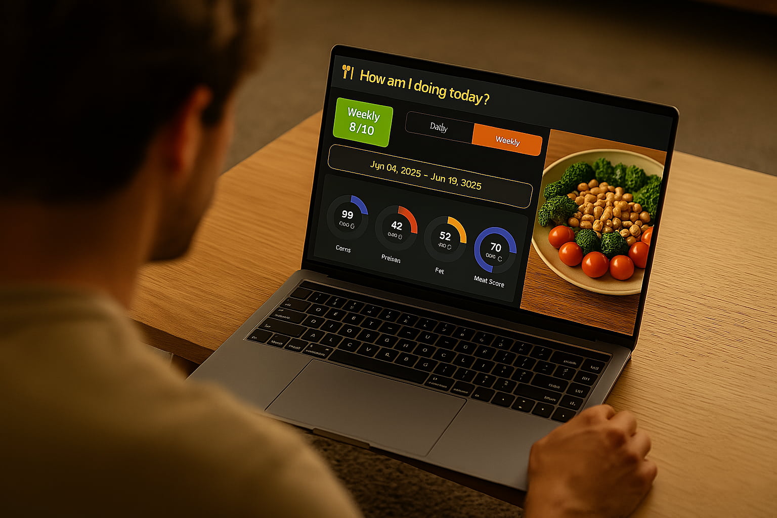 A holistic health tracking dashboard on a laptop, showing clear progress charts and motivational goal achievements.