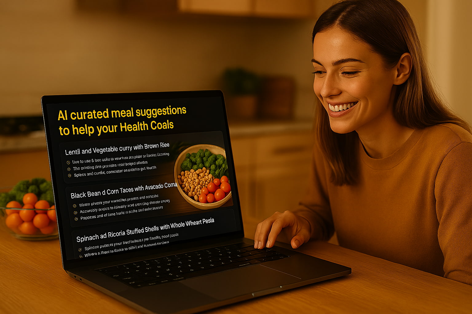 A smartphone screen displaying AI-generated meal suggestions alongside a daily nutrition tip, offering comprehensive guidance.