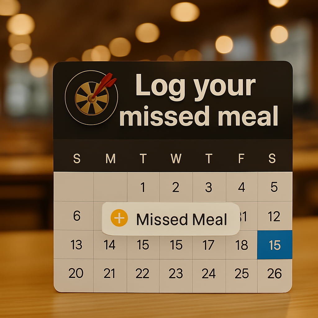 A calendar with a reminder to log a missed meal, representing flexibility in tracking.