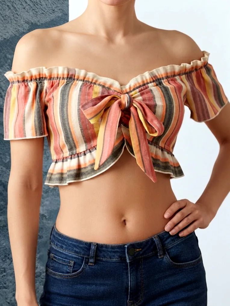 Új, címkés Shein variálható dekoltázsú csíkos crop top 1