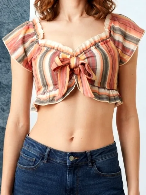 Új, címkés Shein variálható dekoltázsú csíkos crop top 2