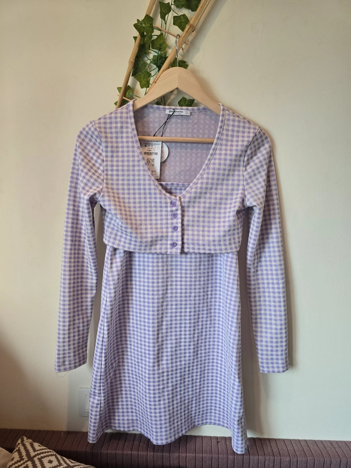 Vestido y cardigan cuadros vichy lila y blanco de Stradivarius-talla S -Nuevo! 1