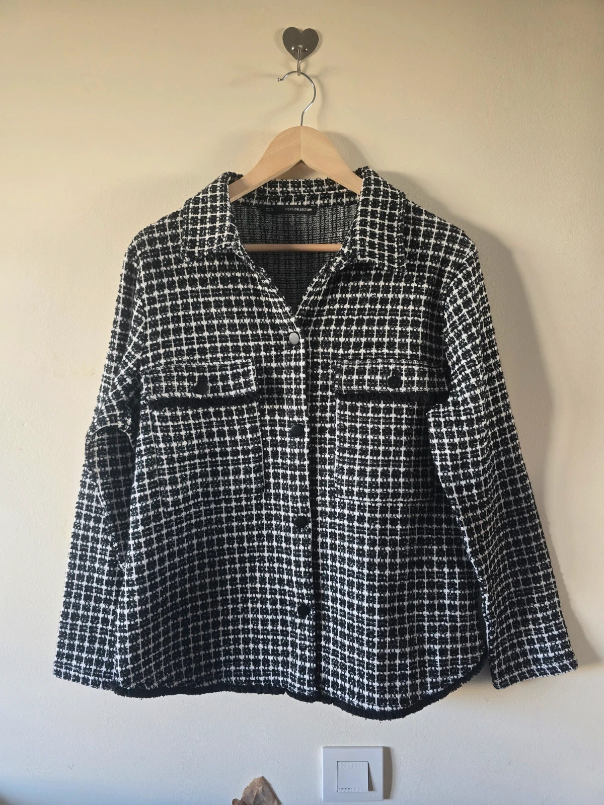 Chaqueta tweed blanco y negro con hilos plateados de Sfera-talla S 1