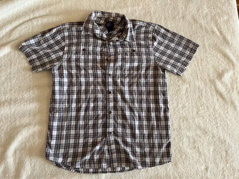 The North Face Men’s Short Sleeve Plaid Button Down Shirt Brown Gray White 1
