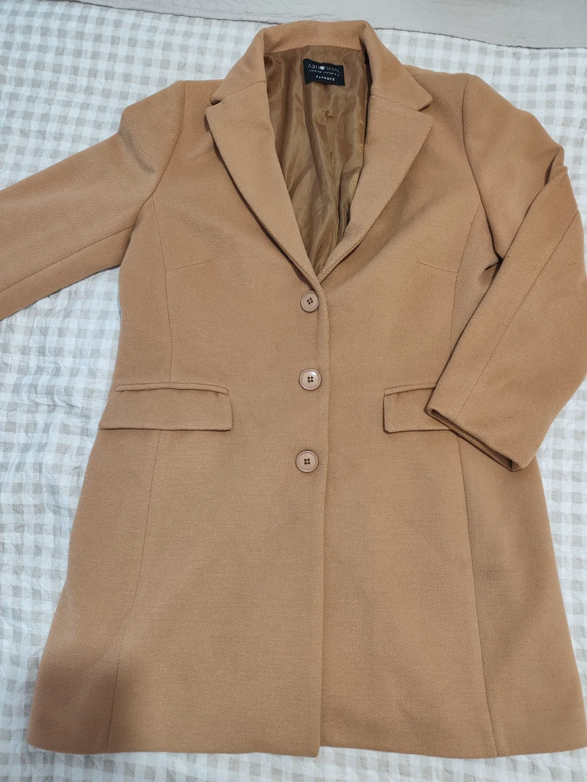 Elegante abrigo recto con forro camel, talla XL 3