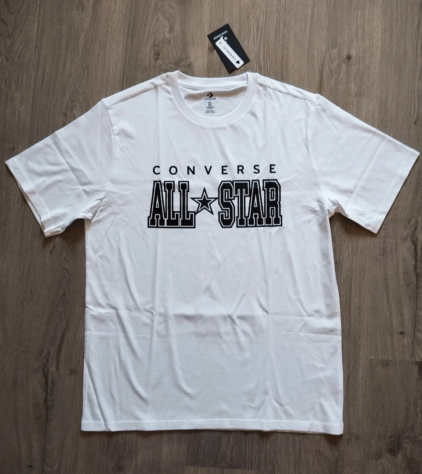 White Converse All Star T-shirt with black text and star graphic 1
