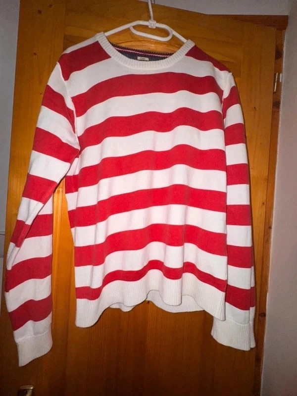Tommy Hilfiger Denim piros-fehér csíkos kötött pulóver 3